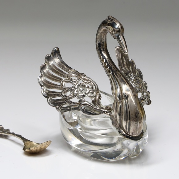 Vintage Sterling Silver Germany Crystal Swan With Spoon Open Salts Tray Singed - Picture 5 of 6